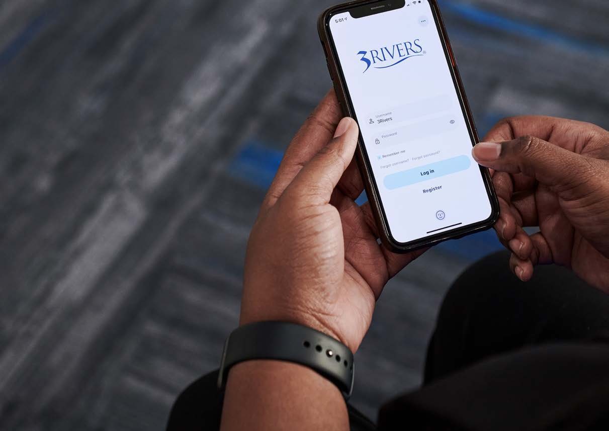 A member using the 3Rivers mobile banking app.