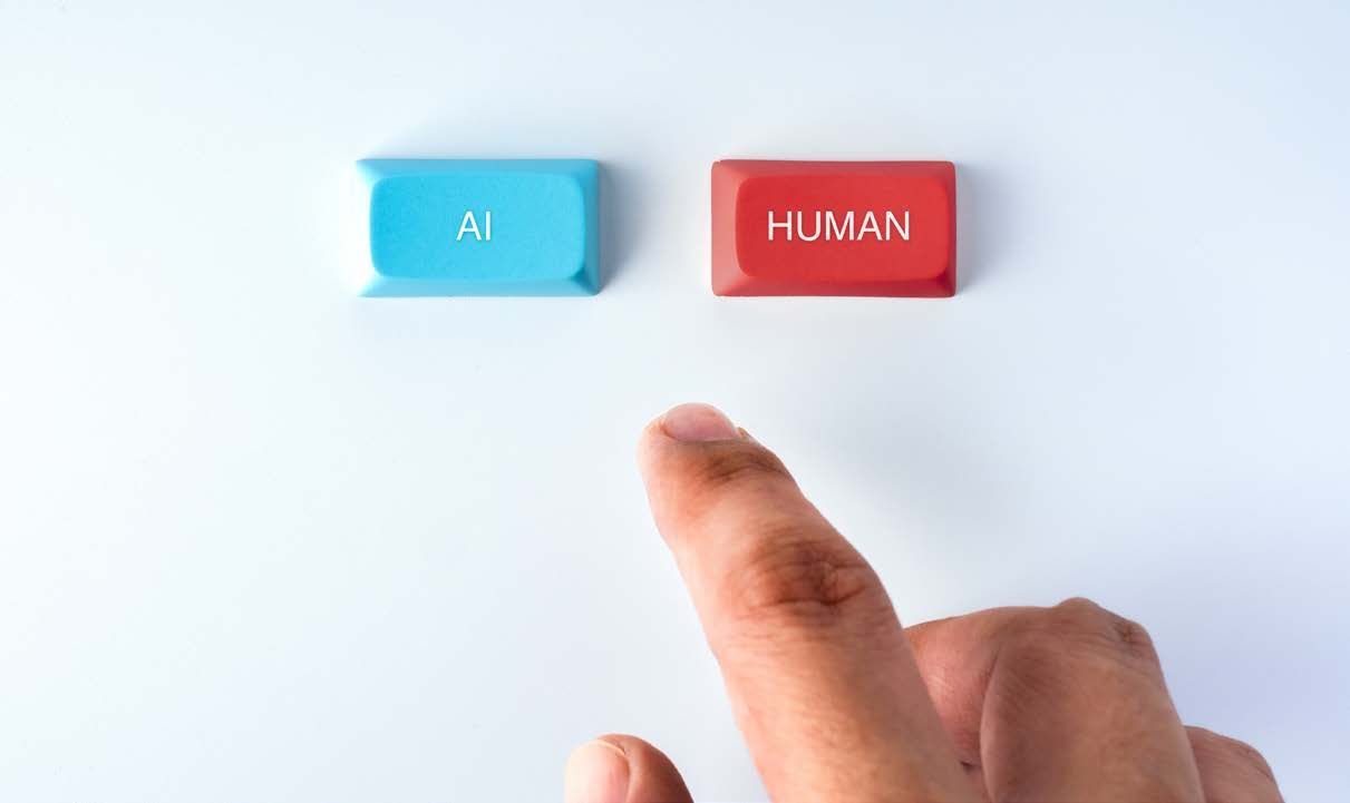 A finger choosing between buttons labeled AI and HUMAN.