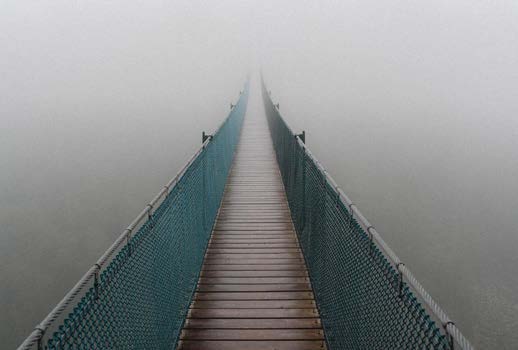 A suspension bridge disappearing into fog.