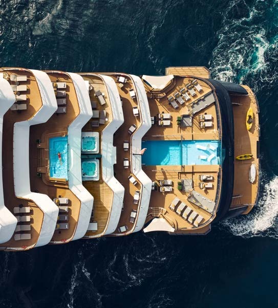 Aerial view of the yacht’s aft decks and pools